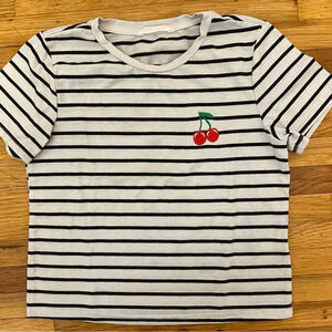4/$25 Shein Black White Striped Short Sleeve T-Shirt Embroidery Cherry Girls 8